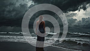 calm female figure stands tall amidst a dark chaotic storm on the seashore