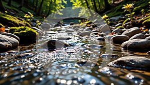 a calm forest brook flowing gently over smooth stones photo