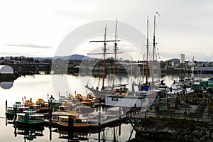 A calm harbor in Victoria with water-taxis and old sailing ships