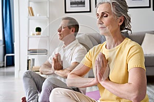 Calm healthy old couple meditate with eyes closed namaste hand at home together.