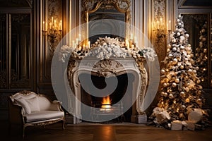 Calm image of christmas interior. Classic New Year Tree decorated in a room with fireplace.