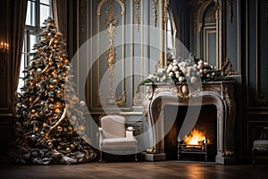 Calm image of christmas interior. Classic New Year Tree decorated in a room with fireplace.