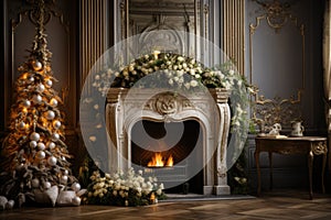 Calm image of christmas interior. Classic New Year Tree decorated in a room with fireplace.