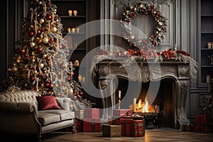 Calm image of christmas interior. Classic New Year Tree decorated in a room with fireplace.