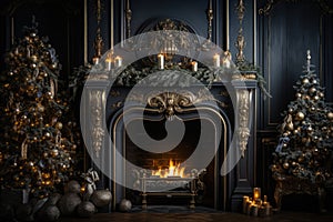 Calm image of christmas interior. Classic New Year Tree decorated in a room with fireplace.