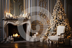 Calm image of christmas interior. Classic New Year Tree decorated in a room with fireplace.