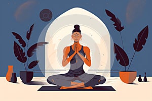 Calm Indian man sitting in a lotus position with his eyes closed and meditating. Spiritual serene woman in sportswear doing a