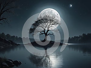 a calm lake at night, silver moonlight, a silhouette of a lonely tree, a big silver moon, hyperrealistic, no clouds - generated by