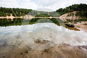 Calm lake with reflections of clouds in summer