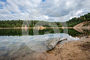 Calm lake with reflections of clouds in summer