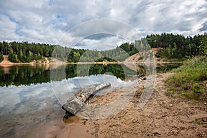 Calm lake with reflections of clouds in summer