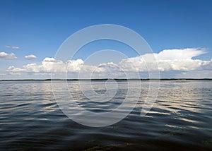Calm lake water surface, beautiful white cloud reflections in the water, sunny summer day