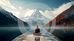 Calm morning meditation scene of a woman is meditating while sitting on wooden pier outdoors with beautiful lake Generative AI