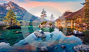 Calm morning scene of Hintersee lake with Hochkalter peak on background, Germany. Magnificent autumn view of Bavarian Alps. Beauty