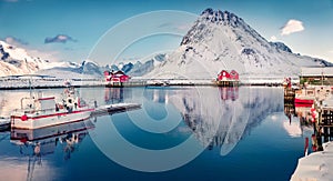 Calm morning scene of small fishing village - Ramberg, Lofoten Islands, Norway, Europe.