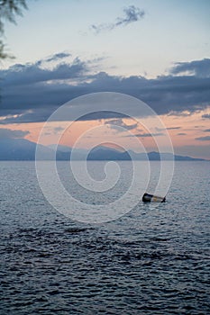 Calm morning view on coastal area with sea, mountain and dramatic clouds in drosia located in Zakynthos island, Greece