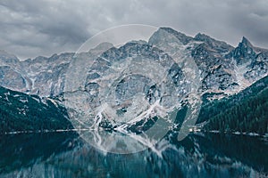 Calm mountain lake on a cloudy weather