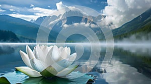 In the calm of a mountain lake, a pristine lotus rests on the water, mirroring the tranquility and natural splendor of