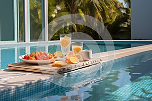 Calm oasis breakfast afloat in the pool, exotic summer lifestyle