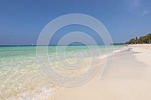 Calm and perfect weather at the famous White Beach in Boracay Island, Philippines. Empty and devoid of tourists. White sand beach