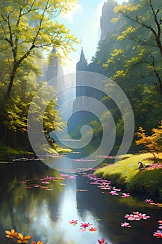 Calm pond in green forest in the mountains AI generated art