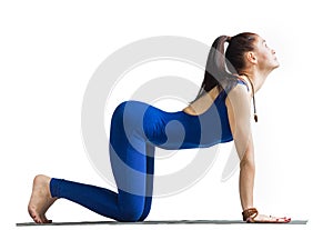 Calm pretty woman doing yoga exercise. isolated on white background