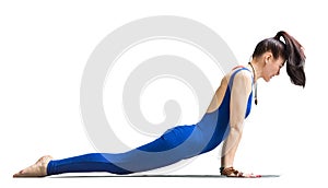 Calm pretty woman doing yoga exercise. isolated on white background