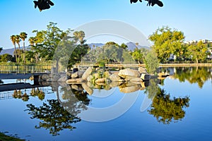 Calm Reflections at Santee Lakes in California