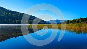 Calm reflections on water with scenery