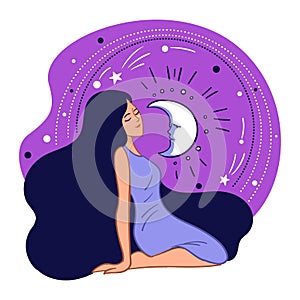 Calm and relaxed woman with moon and moonshine