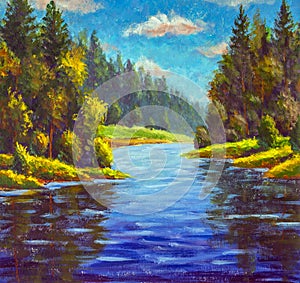 Calm river flowing gently through woodland landscape original painting