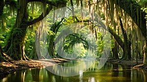 A calm river flows through a picturesque scene as trees are adorned with Spanish moss., A serene bayou with Spanish moss hanging