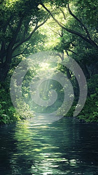 Calm river winding through a dense forest.