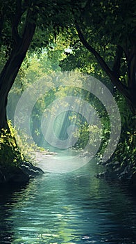 Calm river winding through a dense forest.