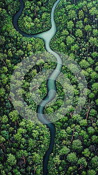 Calm river winding through a dense forest.