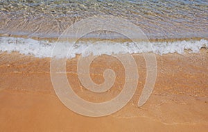 Calm sea beach background. Summer tropical beach with sand. Ocean water. Natural seascape.