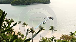Calm sea near green jungle. Peaceful ocean with turquoise water, white sandy tropical shore in Ang Thong paradise