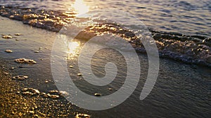 Calm sea waves splashing beach sand in sunny morning. Golden sunrise reflecting