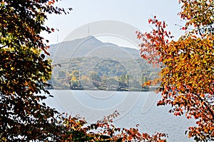 Calm and serene beautiful large lake reservoir with Mountain in Seoul, South Korea