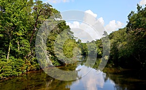 Calm serene river lake with reflective clouds