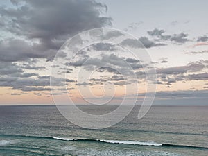 Calm serene tranquil twilight evening scene of Surfer Paradise beach in Gold Coast Australia from bird eye view