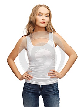 Calm and serious woman in blank white t-shirt