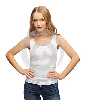 Calm and serious woman in blank white t-shirt