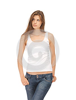 Calm and serious woman in blank white t-shirt