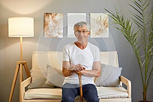 Calm smiling grey-haired mature man wearing casual white T-shirt sitting on sofa at home interior holding his wooden cheek resting
