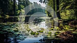 A calm and soothing view of a tranquil forest pond with lily pads and a ripple of the water