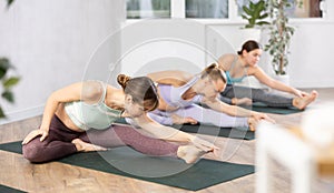 Active fit women in sportswear improving flexibility while practicing Janu Sirsasana stretching position in yoga studio