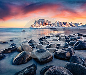 Calm spring view of Haukland Beach, Vastvagoy.