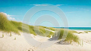 Calm sunny beach with dunes and green grass.