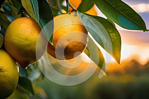 A calm sunrise illuminates a citrus grove. Oranges in close-up. photo